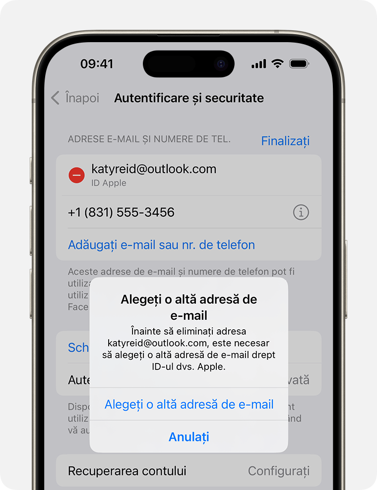 Ecran de iPhone care ilustrează schimbarea adresei de e-mail pentru ID-ul Apple 