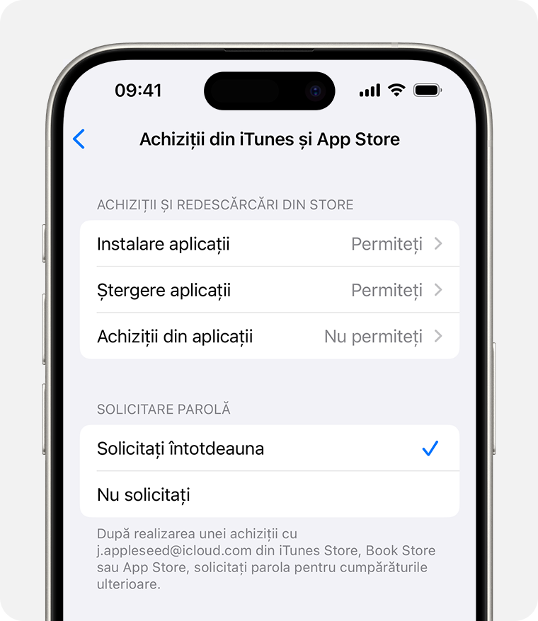 Ecran iPhone care afișează configuarrea de dezactivare a achizițiilor din iTunes și App Store 