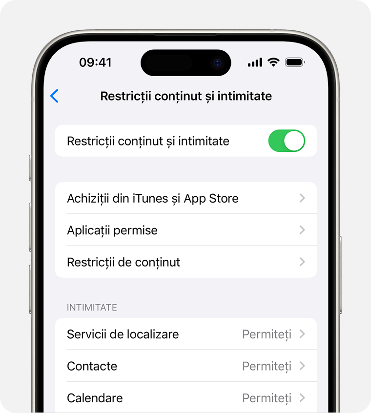 Ecran de iPhone care afișează configurarea pentru Restricții conținut și intimitate