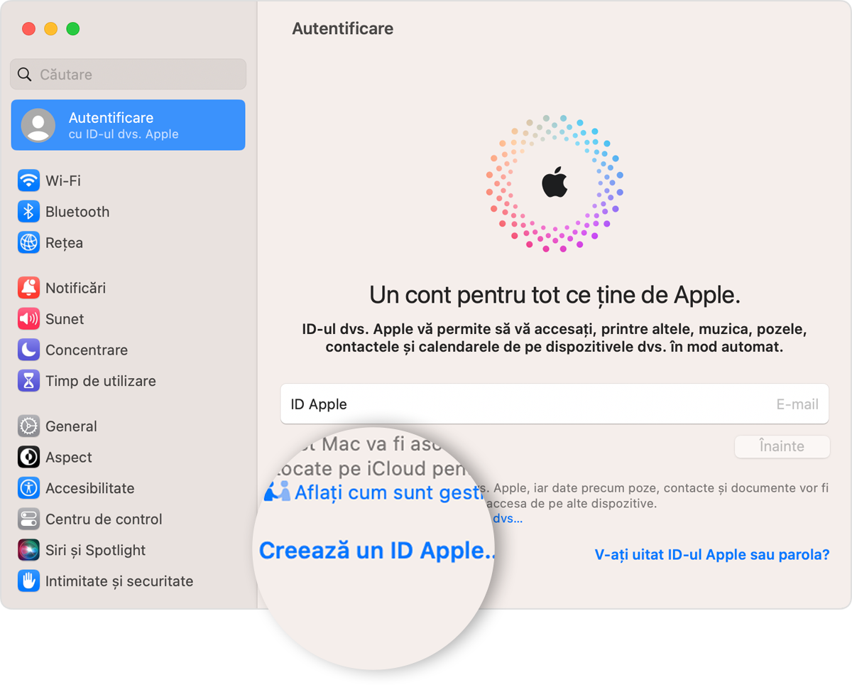 Ecranul Mac care afișează linkul Creează un ID Apple pentru a face clic