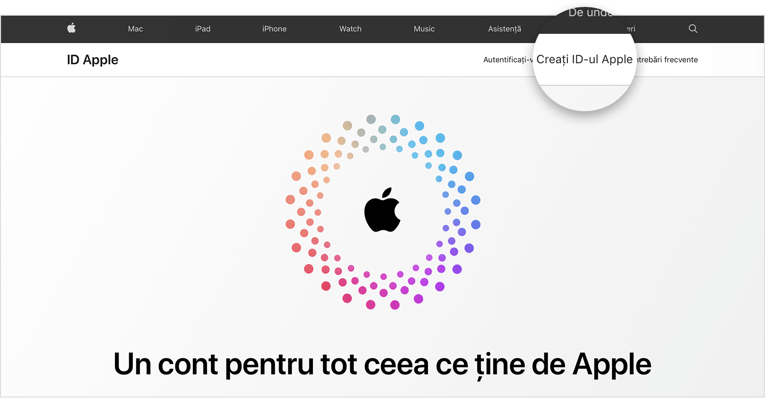 Ecran web care arată linkul pentru Creați ID-ul Apple 