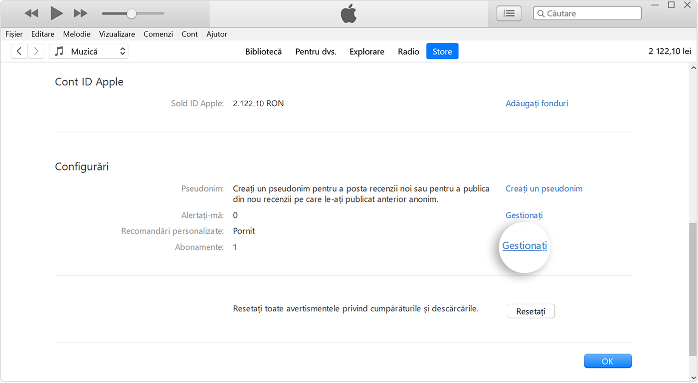 Butonul Gestionați de lângă Abonamente în iTunes.