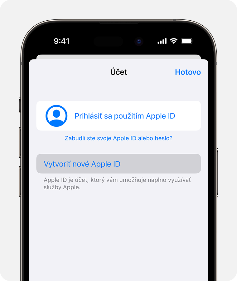 Obrazovka iPhonu s možnosťou Prihlásiť sa použitím Apple ID