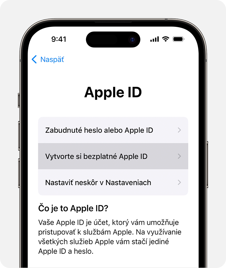 Obrazovka iPhonu s možnosťou výberu položky Vytvorte si bezplatné Apple ID