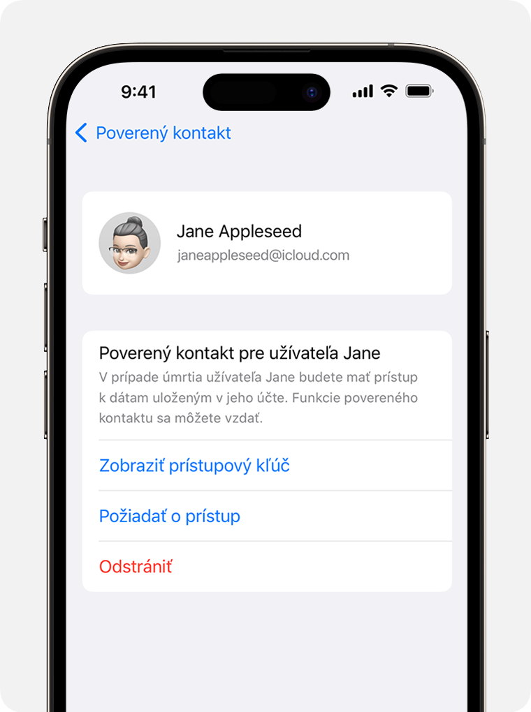 Obrazovka iPhonu so zobrazením požiadania o prístup ako poverený kontakt