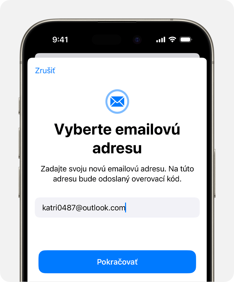 Obrazovka iPhonu zobrazujúca zmenu e-mailovej adresy Apple ID