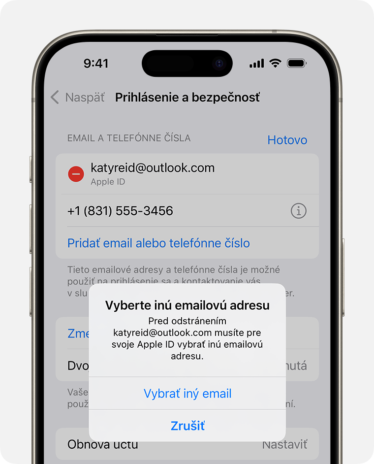 Obrazovka iPhonu zobrazujúca zmenu e-mailovej adresy Apple ID 