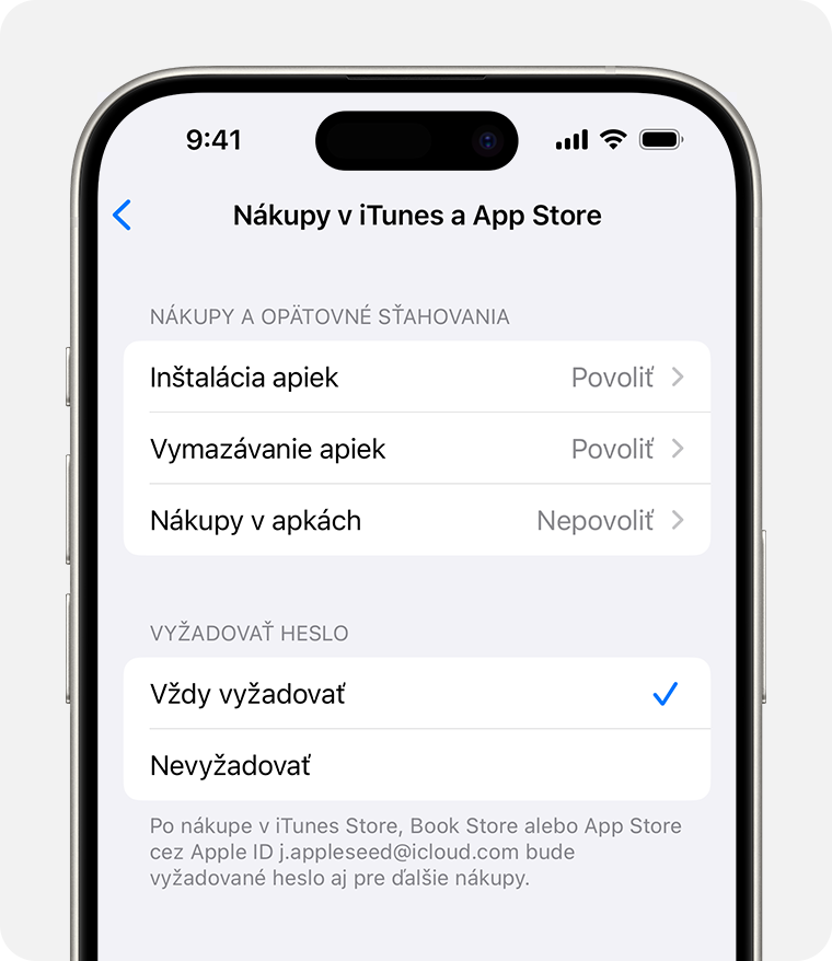 Obrazovka iPhonu zobrazujúca nastavenie na zakázanie nákupov v iTunes a App Store 