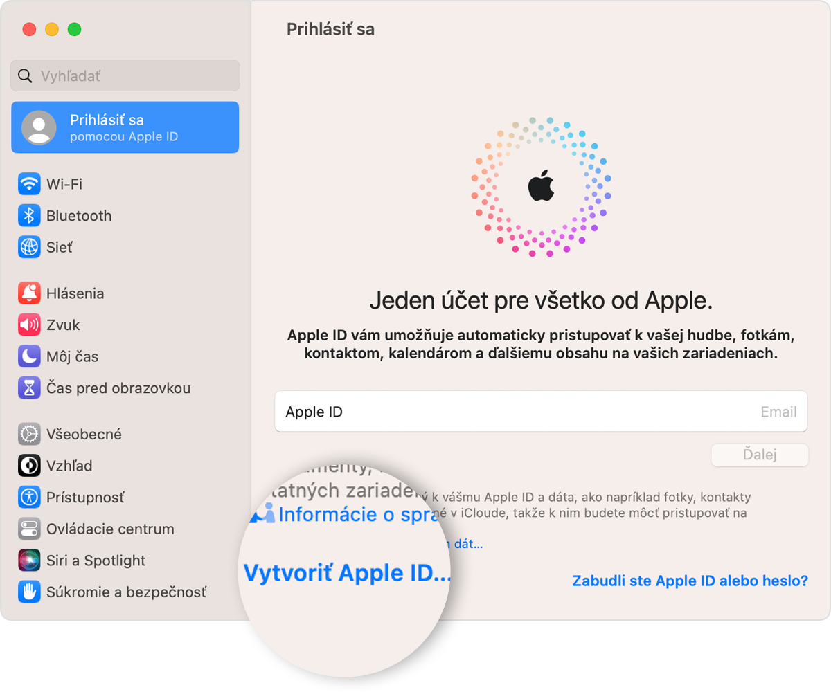 Obrazovka Macu s odkazom Vytvoriť Apple ID, na ktorý treba kliknúť