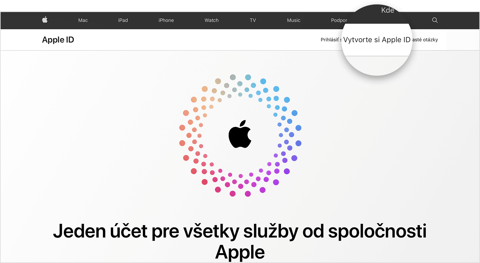 Obrazovka webu s odkazom na vytvorenie Apple ID