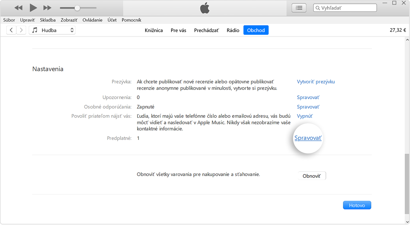 Tlačidlo Spravovať vedľa položky Odbery v iTunes.