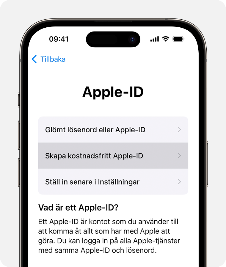 iPhone-skärm som visar alternativet att välja Skapa ett gratis Apple‑ID