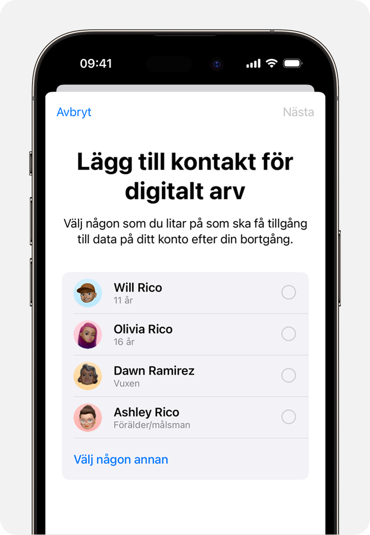 iPhone-skärm som visar dina familjedelningsmedlemmar att lägga till som kontakt för digitalt arv