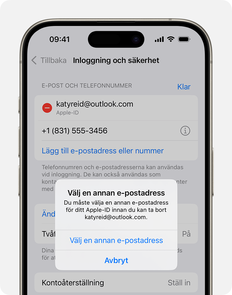 En iPhone-skärm som visar hur du ändrar din e-postadress för Apple-ID 