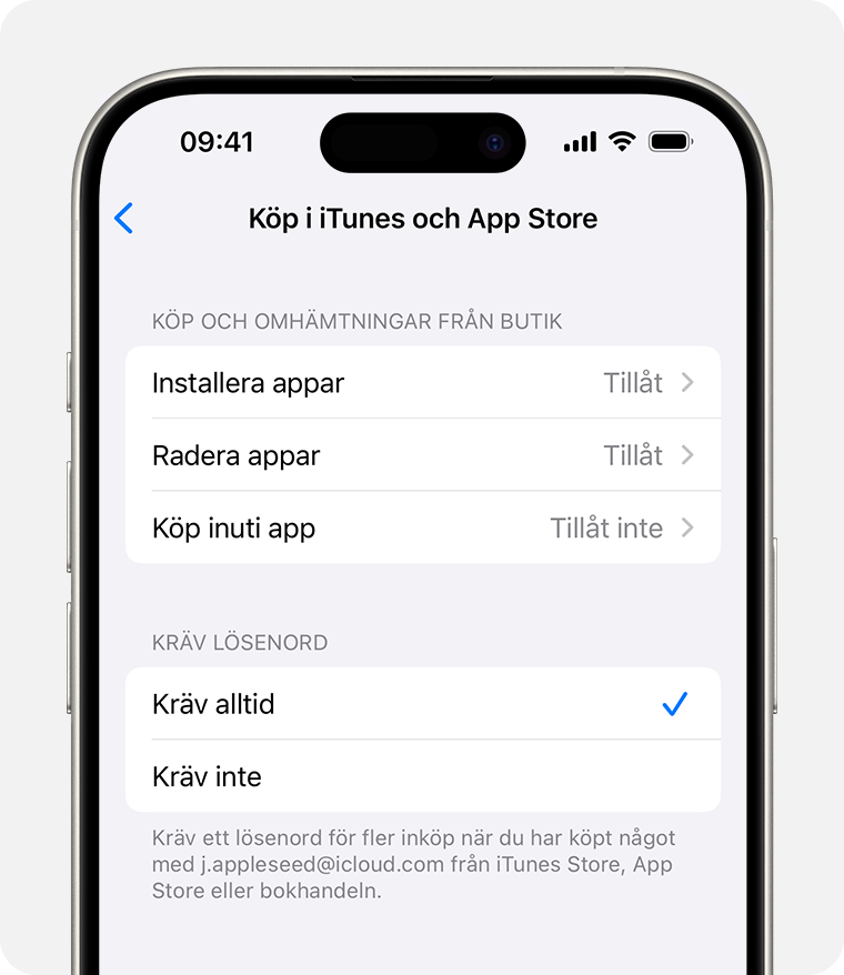 Skärmen på en iPhone som visar inställningen för att avaktivera Köp i iTunes och App Store 