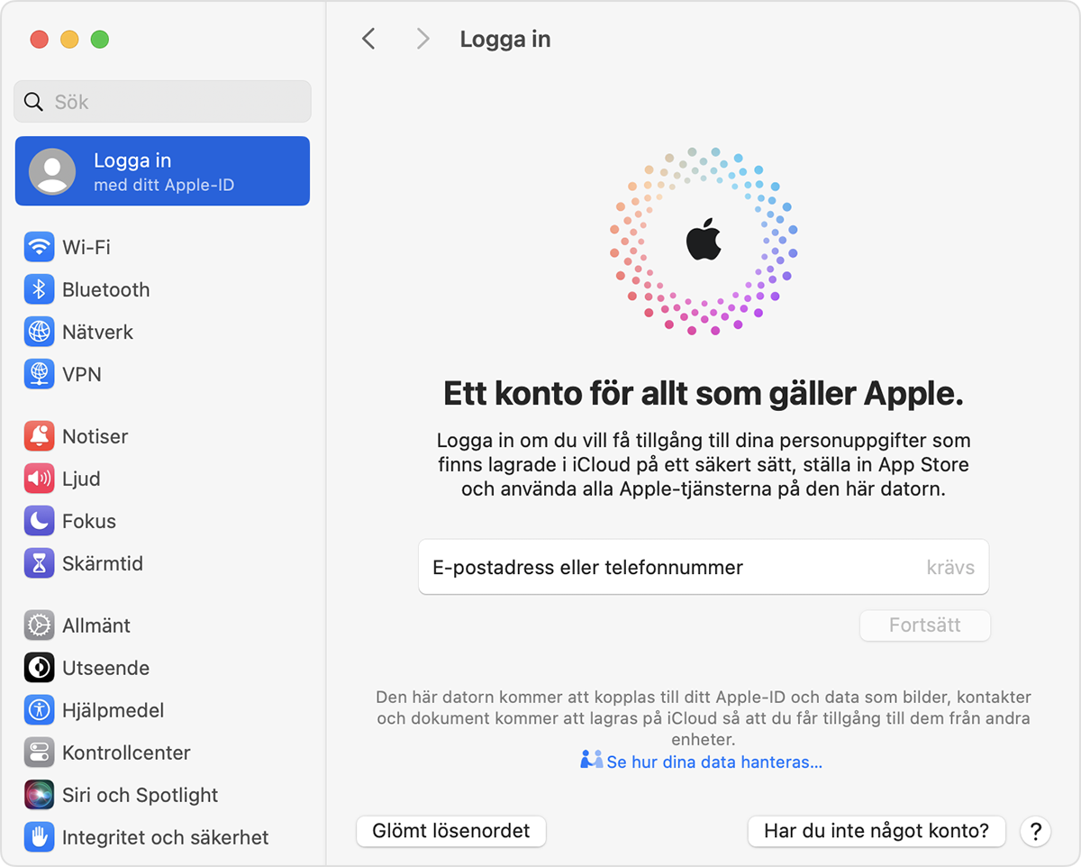 Logga in med ditt Apple‑ID på Mac