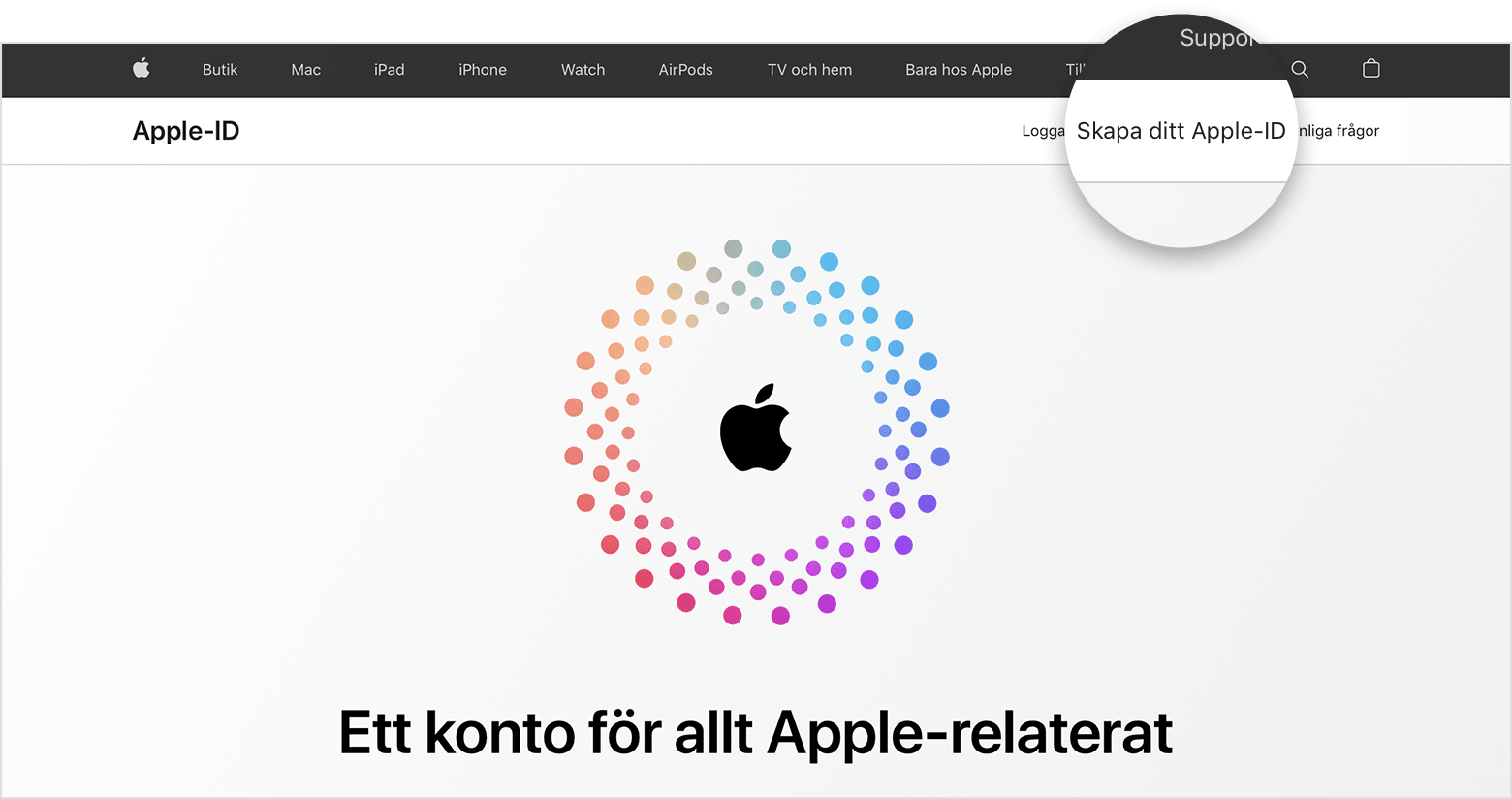 Webbskärm som visar länken för Skapa ditt Apple‑ID 