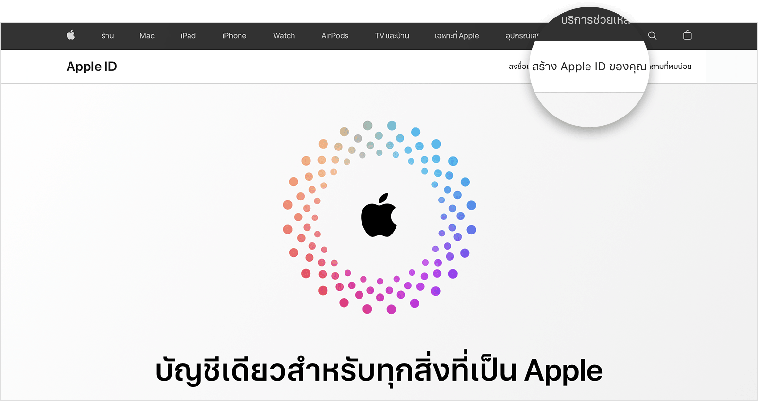 หน้าจอเว็บที่แสดงลิงก์สำหรับสร้าง Apple ID 