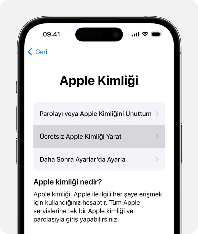 Ücretsiz Apple Kimliği Yarat seçeneğini gösteren iPhone ekranı