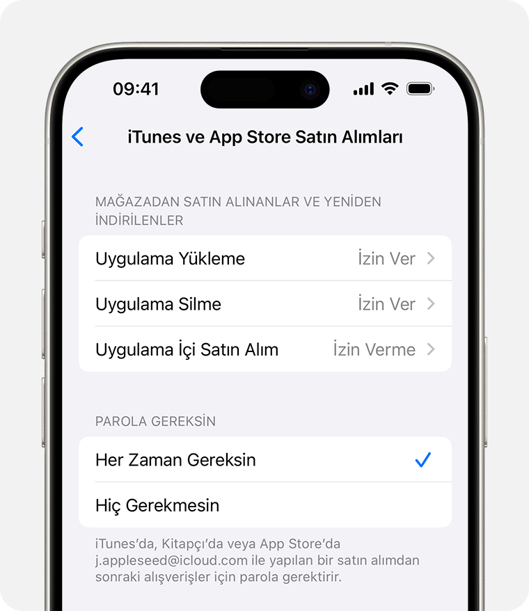 iTunes ve App Store satın alımlarını devre dışı bırakma ayarını gösteren iPhone ekranı 
