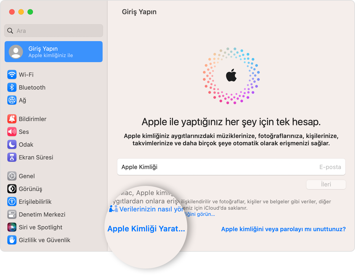 Apple Kimliği Yarat bağlantısını gösteren Mac ekranı