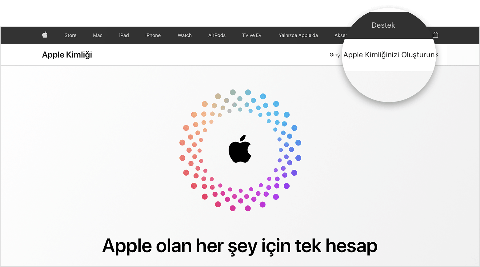 Apple Kimliğinizi Yaratın bağlantısını gösteren web ekranı 
