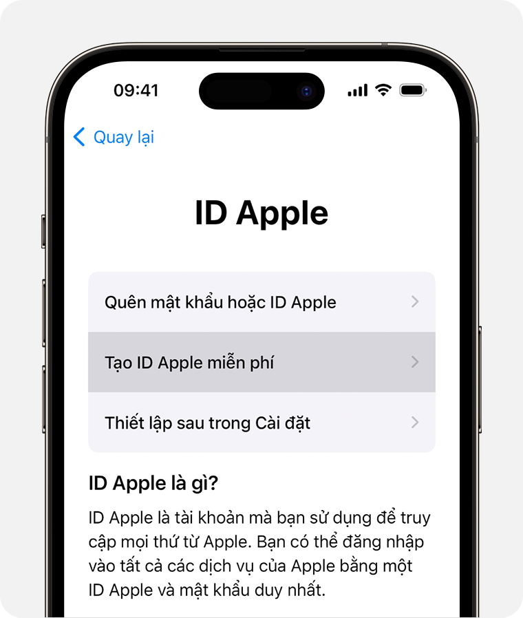 Màn hình iPhone hiển thị tùy lựa chọn nhằm lựa chọn Tạo ID Apple miễn phí