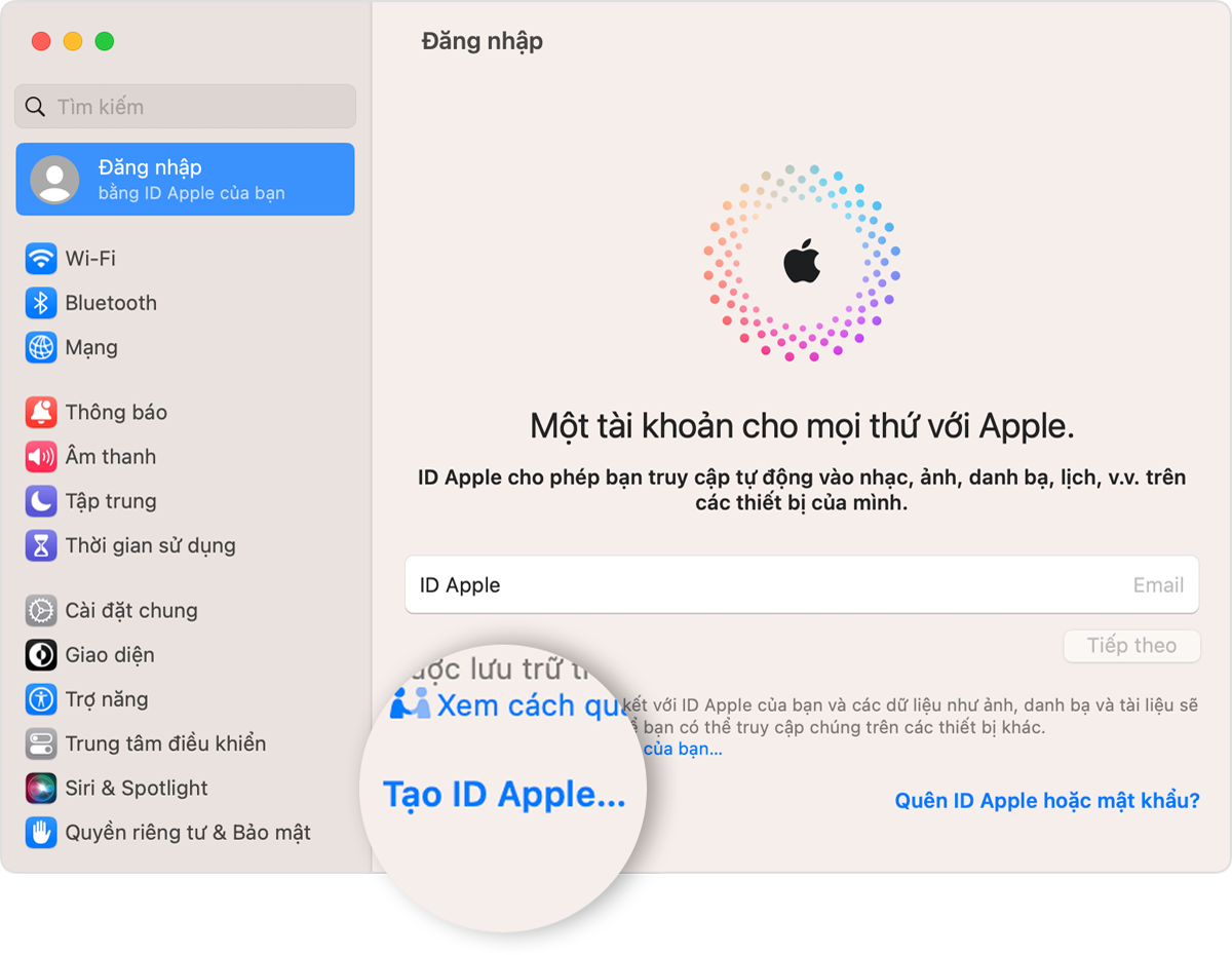 Màn hình máy Mac hiển thị links Tạo ID Apple nhằm bấm vào