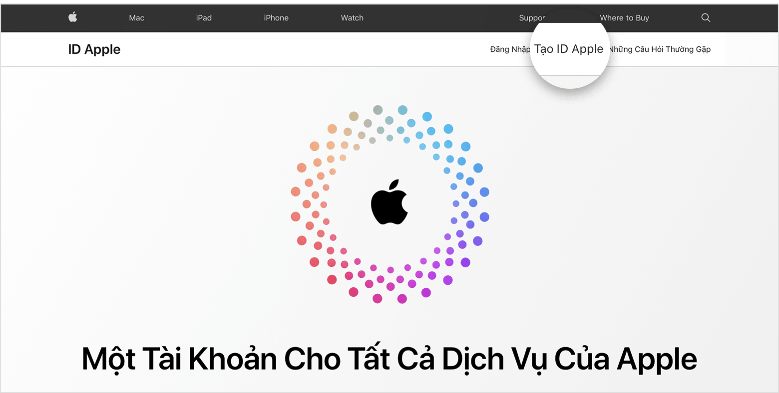 Màn hình trang web hiển thị link nhằm Tạo ID Apple 