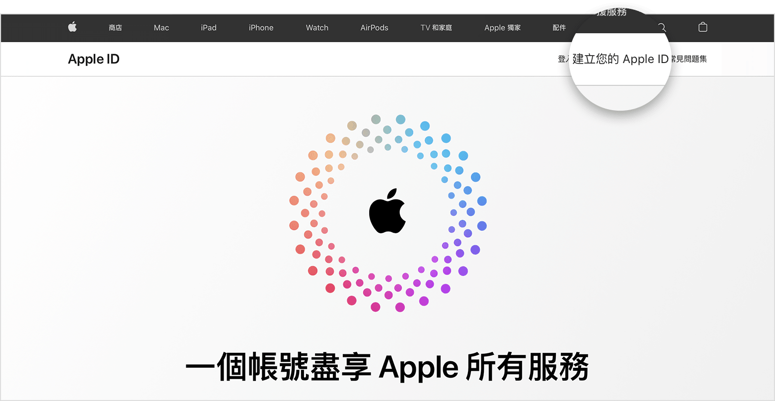 網頁畫面顯示「建立你的 Apple ID」連結