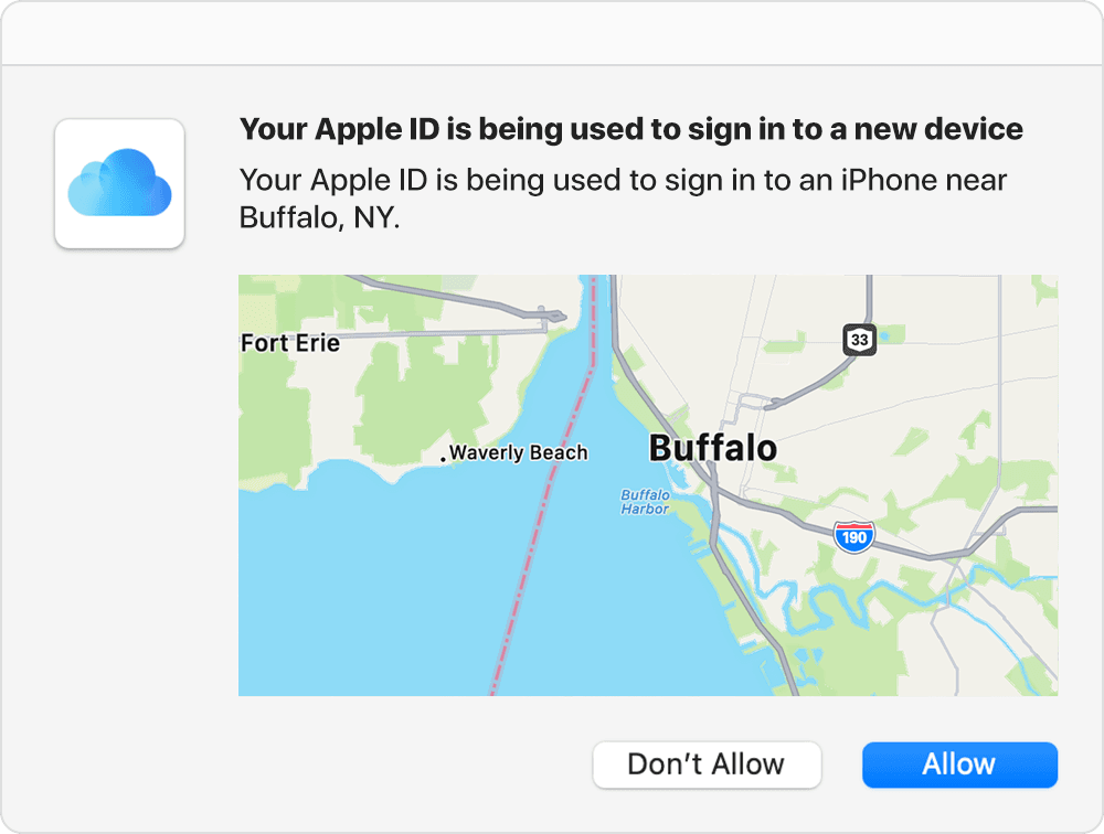 Map with Buffalo, NY marked on it prominently. The caption indicates that an Apple ID is being used to sign in to an iPhone near Buffalo.