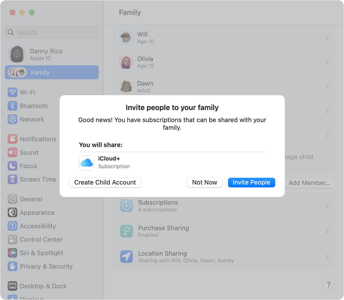 Mygtukas „Create Child Account“ (sukurti vaiko paskyrą) yra kairėje pusėje, šalia mygtukų „Not Now“ (ne dabar) ir „Invite People“ (kviesti žmones).