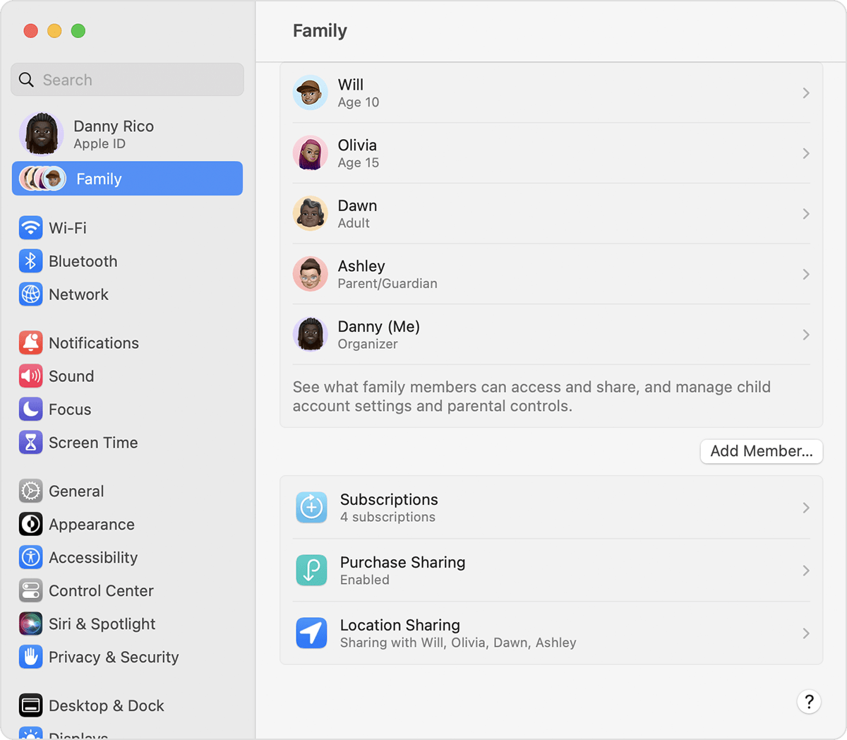The Add Member button is just below the list of people in your family group.