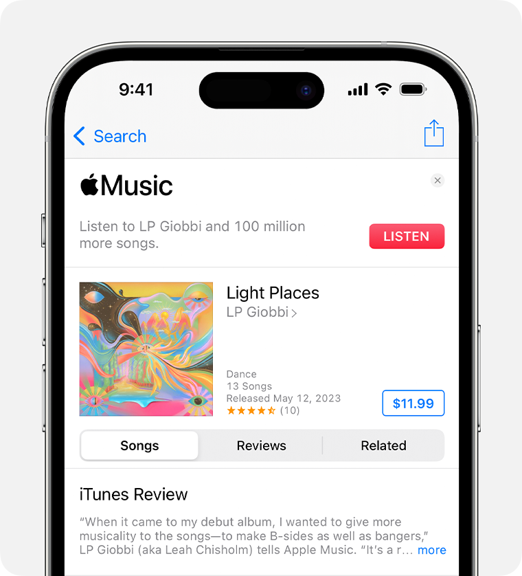 iPhone 上的 iTunes Store App 中显示了一个专辑，专辑旁边显示了价格