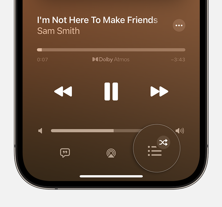 iPhone ierīce, kurā redzama poga Playing Next (Atskaņo nākamo) lietotnē Apple Music