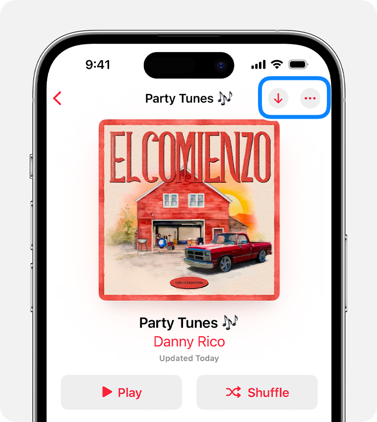 Apple Music 앱에 다운로드 및 더 보기 버튼이 표시된 iPhone.