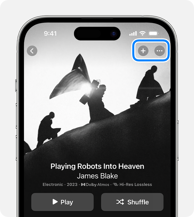 iPhone, milles kuvatakse rakenduses Apple Music nuppe Add (Lisa) ja More (Rohkem).