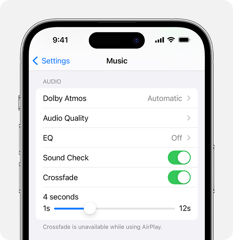 iPhone, ki prikazuje vklopljeno možnost »Crossfade« (Navzkrižno pojemanje) na zaslonu »Music« (Glasba)
