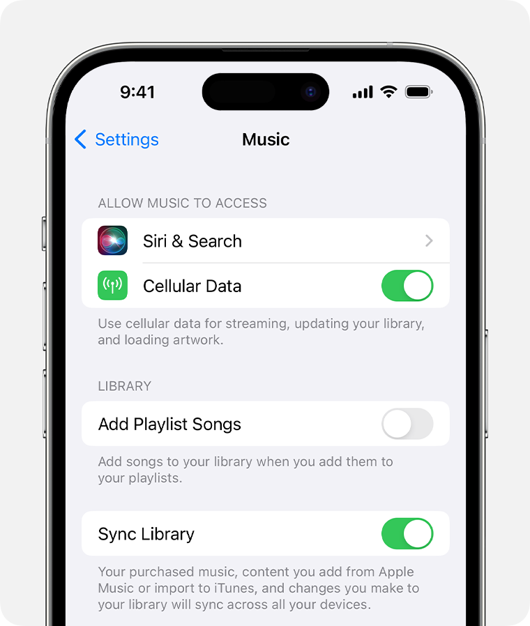 iPhone, на който се показва, че функцията Sync Library (Синхронизиране на библиотеката) е включена от настройките за музика.