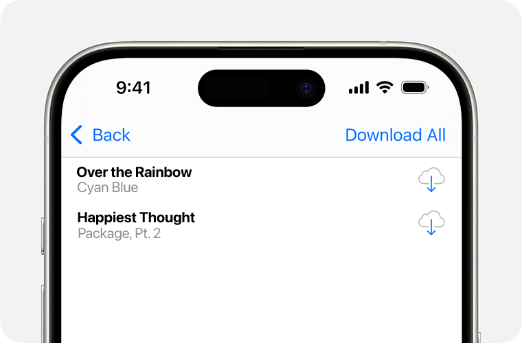 Eine iPhone mit einer Liste von Titeln, die du erneut laden kannst. Die Download-Taste befindet sich auf der rechten Seite. Hierbei handelt es sich um eine Wolke mit einem nach unten weisenden Pfeil in der Mitte.