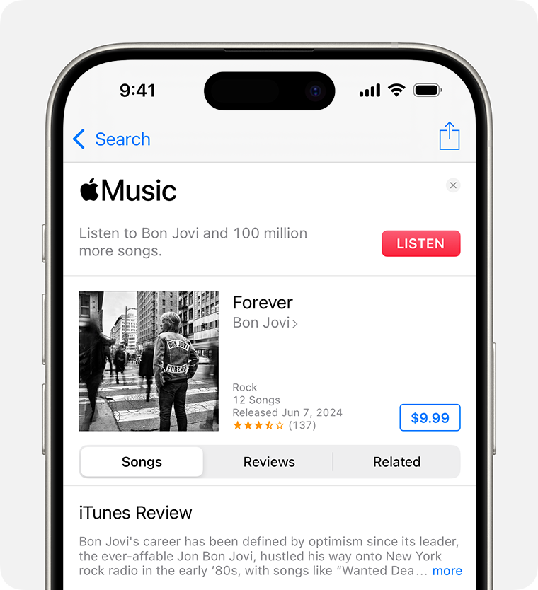 iTunes Store 顯示 Bon Jovi《Forever》的「購買」畫面。「購買」按鈕位於畫面右側。藍色方框顯示專輯的價格。