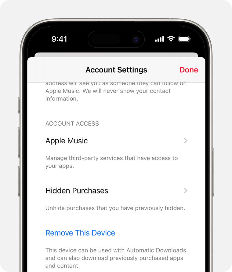 Un iPhone affichant l’écran Paramètres du compte dans Apple Music. L’option Achats masqués se trouve au milieu de l’écran.