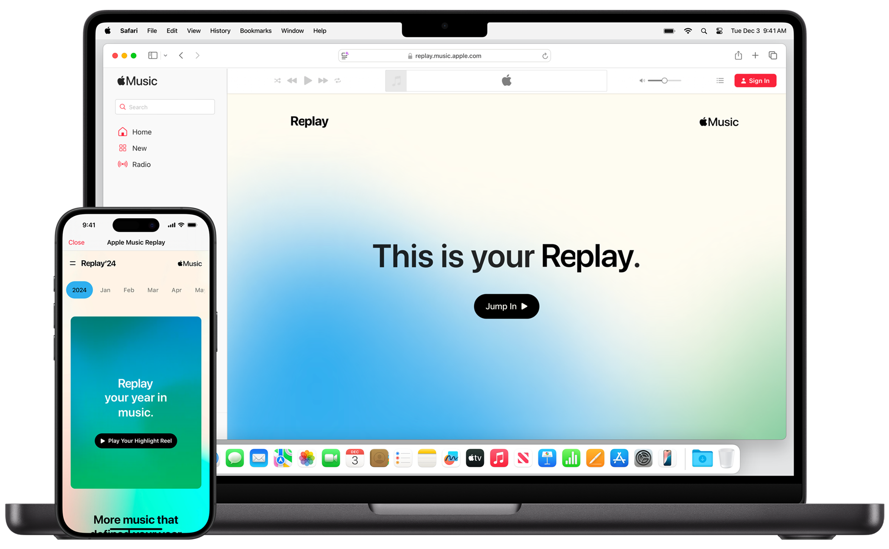 An iPhone and a MacBook showing the launch screen for Apple Music Replay.