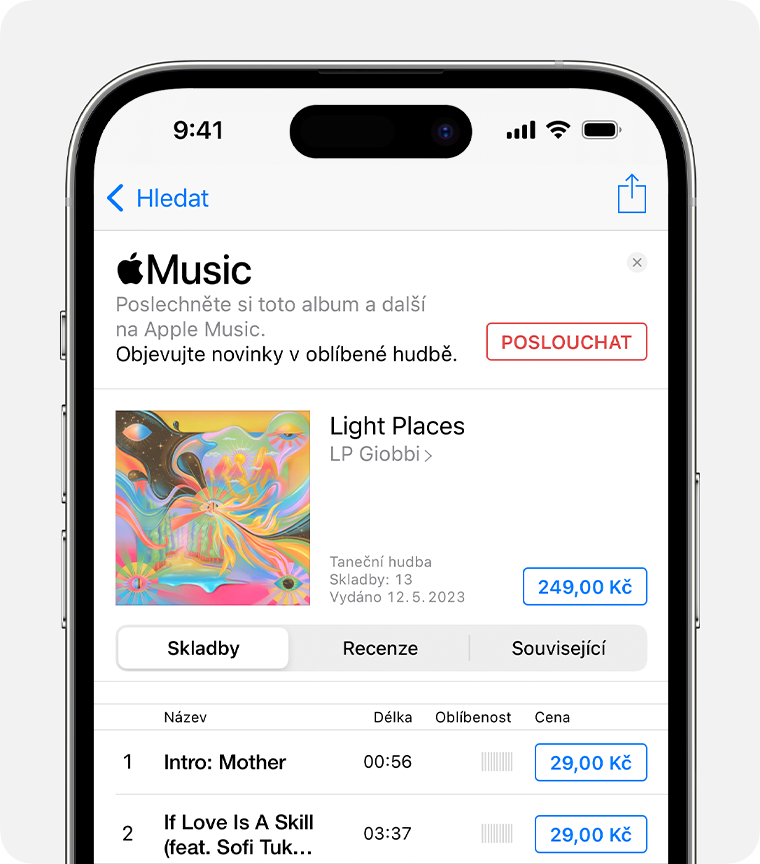 iPhone zobrazující cenu vedle alba v aplikaci iTunes Store