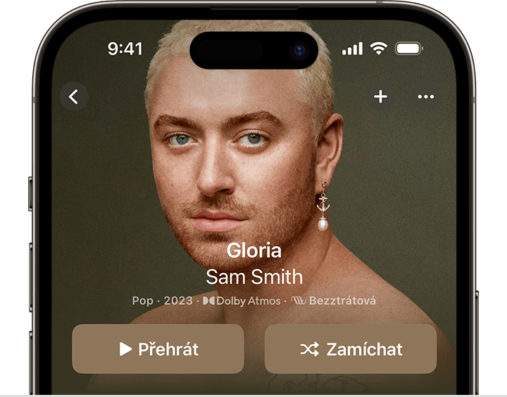 iPhone zobrazující tlačítko Zamíchat v horní části alba v aplikaci Apple Music