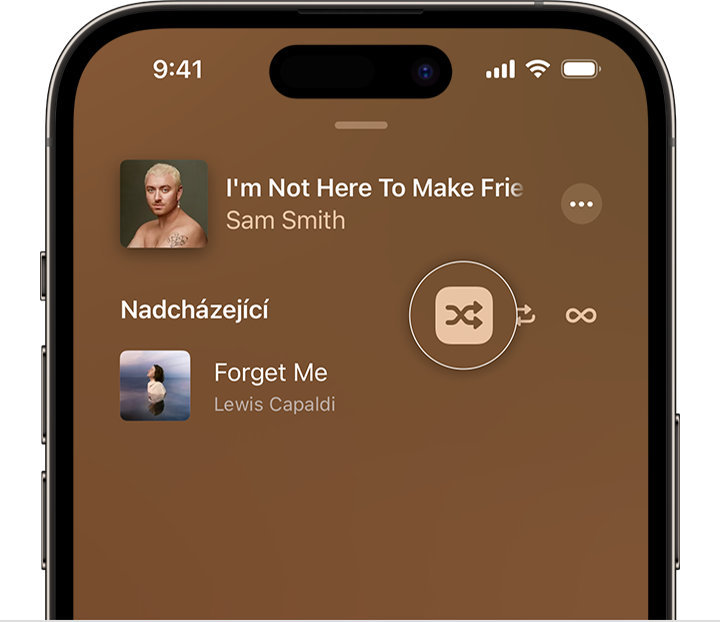 iPhone zobrazující tlačítko Zamíchat v horní části možnosti Nadcházející v aplikaci Apple Music
