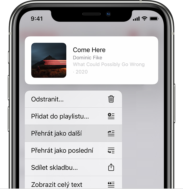 iPhone zobrazující vybranou skladbu, která se má přehrát jako další
