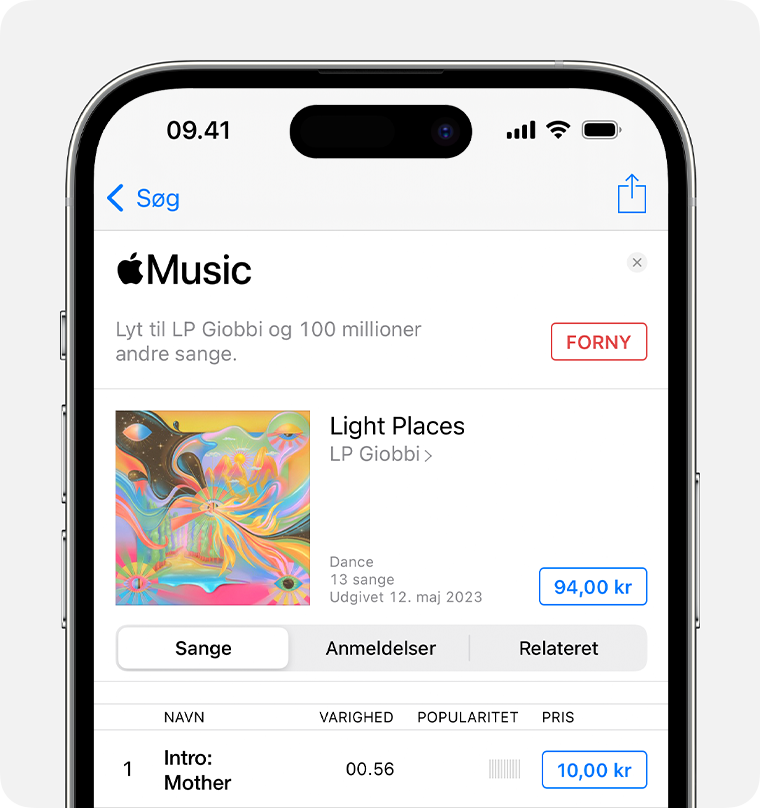 iPhone, der viser prisen ud for et album i appen iTunes Store