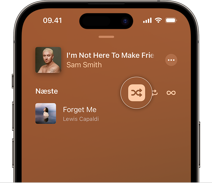 iPhone, der viser knappen Bland øverst i Næste i appen Apple Music