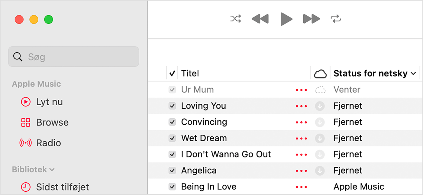 Appen Apple Music på Mac, der viser status for netsky ud for sange